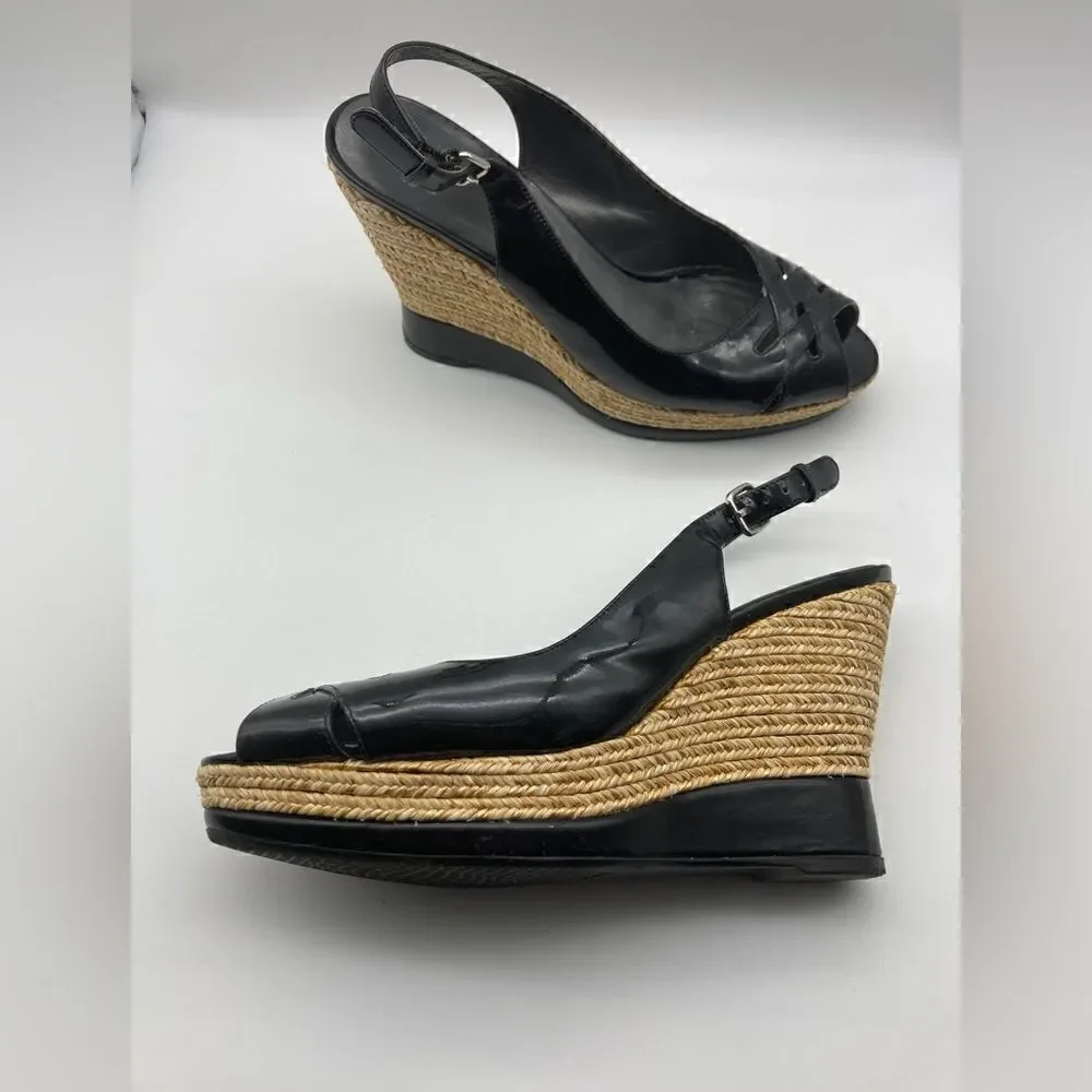 Stuart Weitzman Black Patent  Leather Wedge Platform Sandals Size 9,5